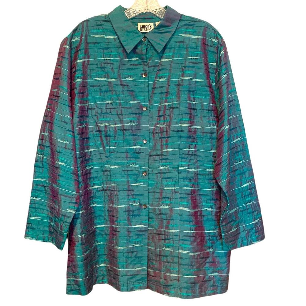 Silk Button Down Top Blouse Teal Green Blue Chico's Design L Size 2 100%